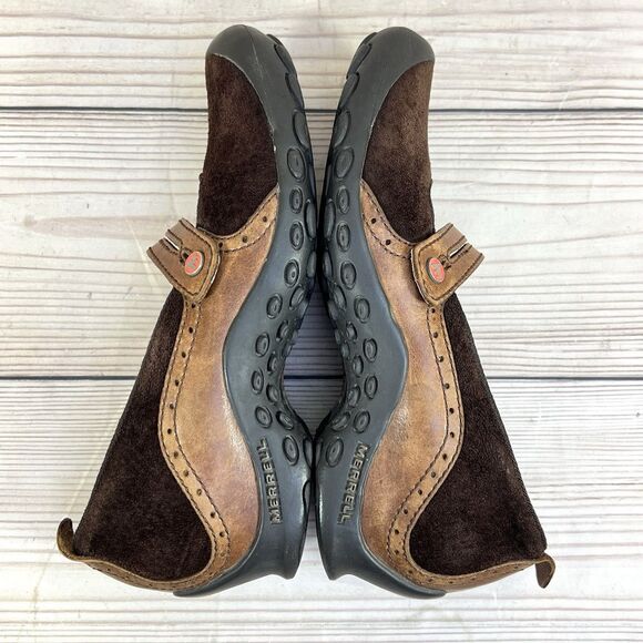 Merrell Plaza Bandeau Shoe Womens 6 Espresso Brown Suede Mary Jane Slip On Wedge - Picture 4 of 14